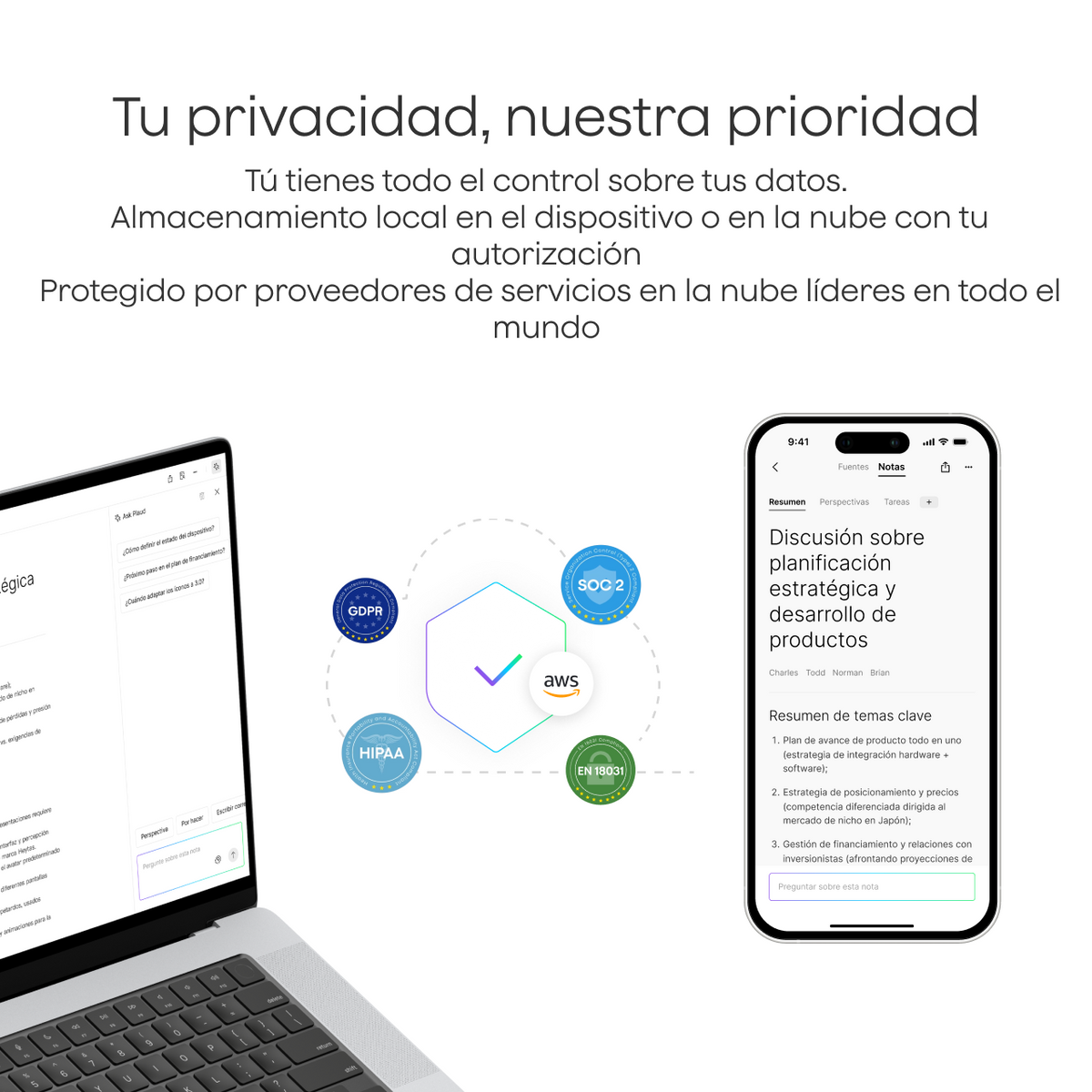 Plaud App y Web en laptop y móvil, destacando privacidad de datos, cumplimiento (RGPD, HIPAA, SOC 2) y resúmenes.