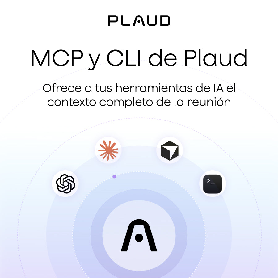 Plaud MCP y CLI con iconos de IA como ChatGPT y terminal, mostrando cómo Plaud ofrece contexto completo a herramientas de IA.