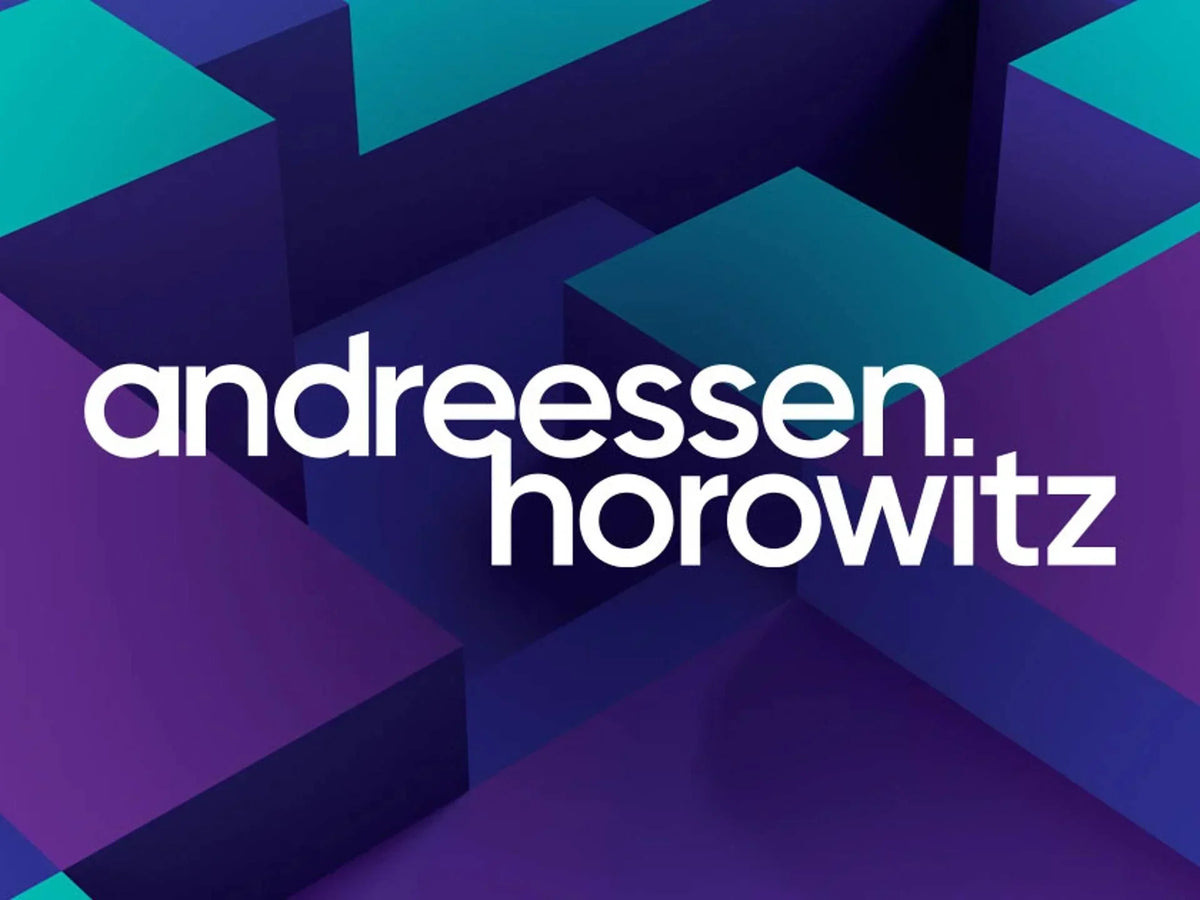 Logotipo de Andreessen Horowitz en blanco sobre un fondo abstracto de formas geométricas moradas y turquesas.