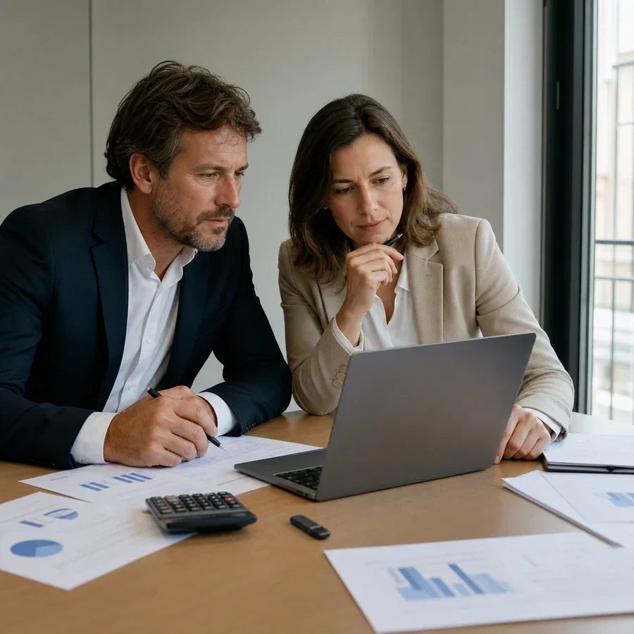 Dos profesionales revisando gráficos financieros en un portátil