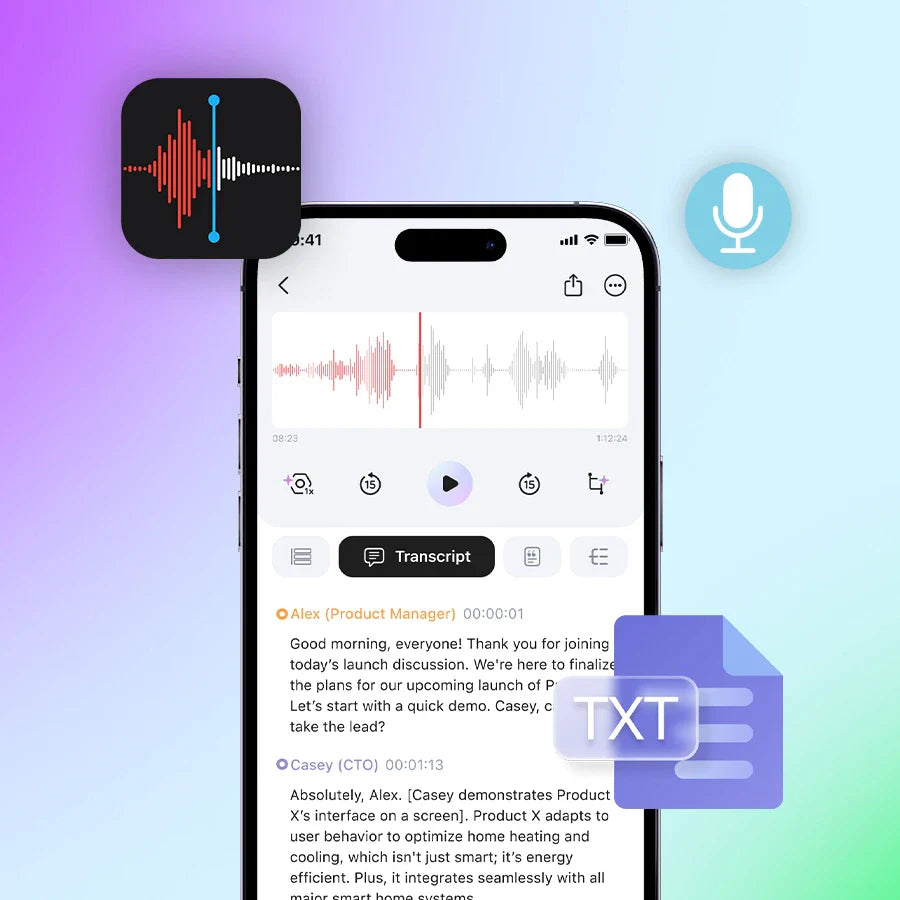 Interfaz de la Plaud App en un smartphone, mostrando una grabación de audio, controles de reproducción y una transcripción de