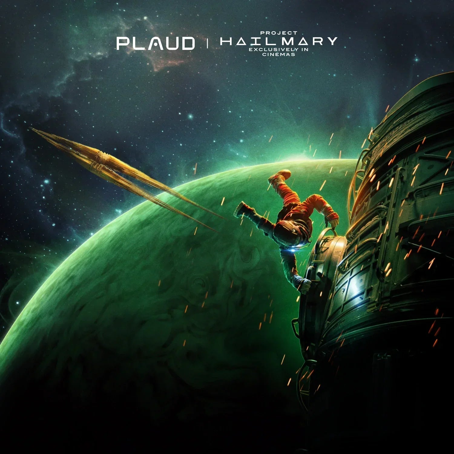 Astronauta cayendo de nave espacial sobre planeta verde, con texto "Plaud | Project Hail Mary".