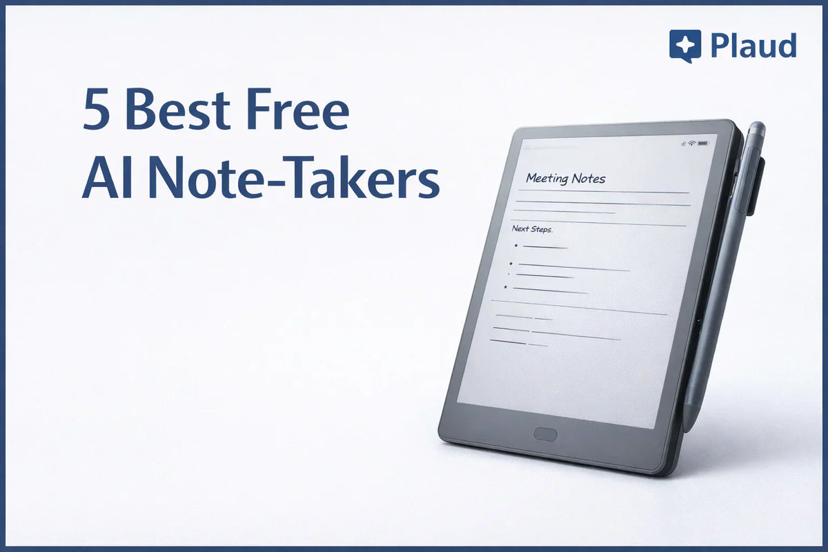 Dispositivo de notas digital gris con lápiz óptico. Pantalla: "Meeting Notes". Título: "5 Mejores Tomadores de Notas AI Gratu