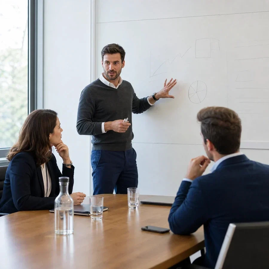 Hombre de pie explicando algo en una pizarra durante una reunión de equipo