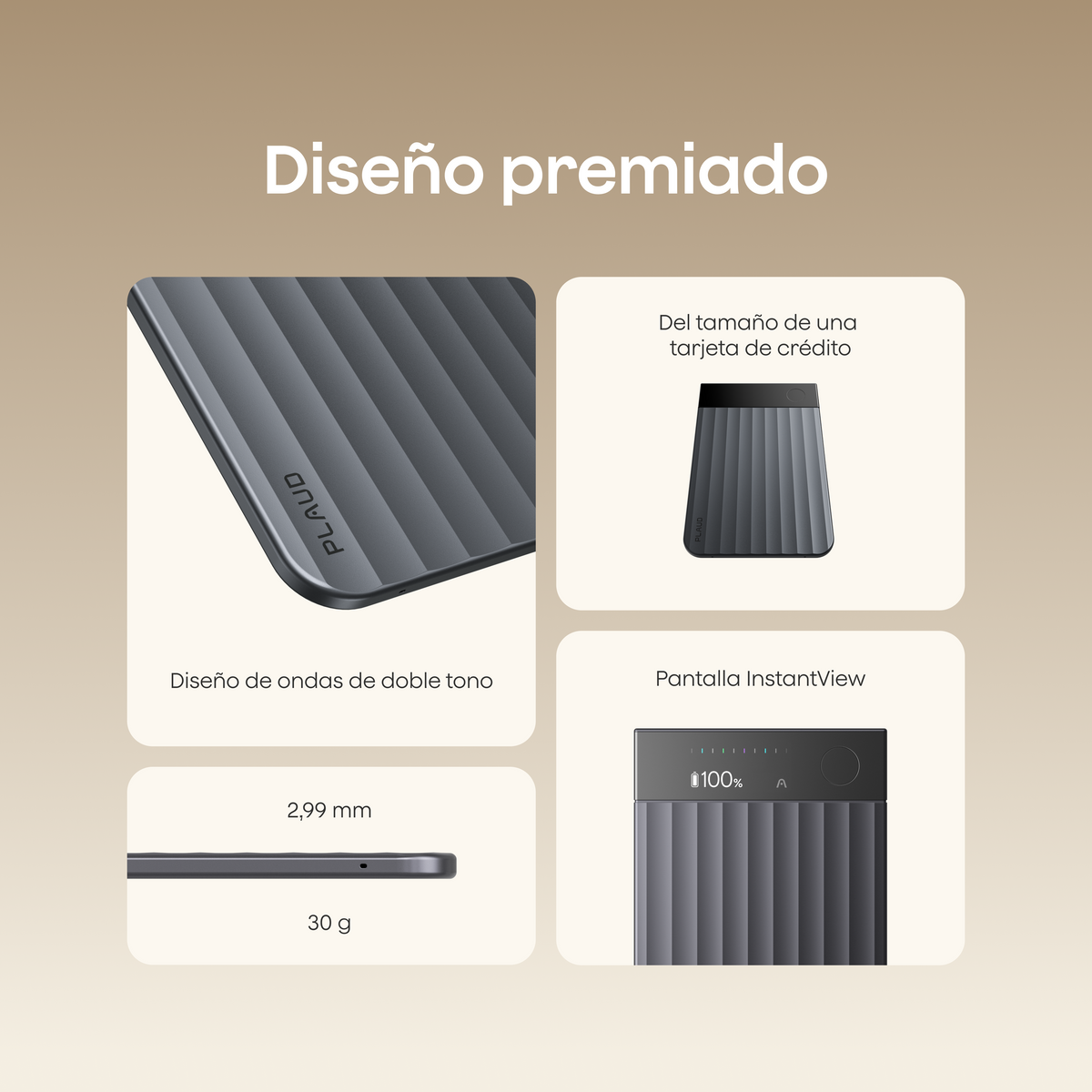 El Plaud Note Pro en gris oscuro destaca por su diseño premiado de ondas, tamaño de tarjeta de crédito, grosor de 2,99 mm, peso de 30 g y pantalla InstantView al 100%.