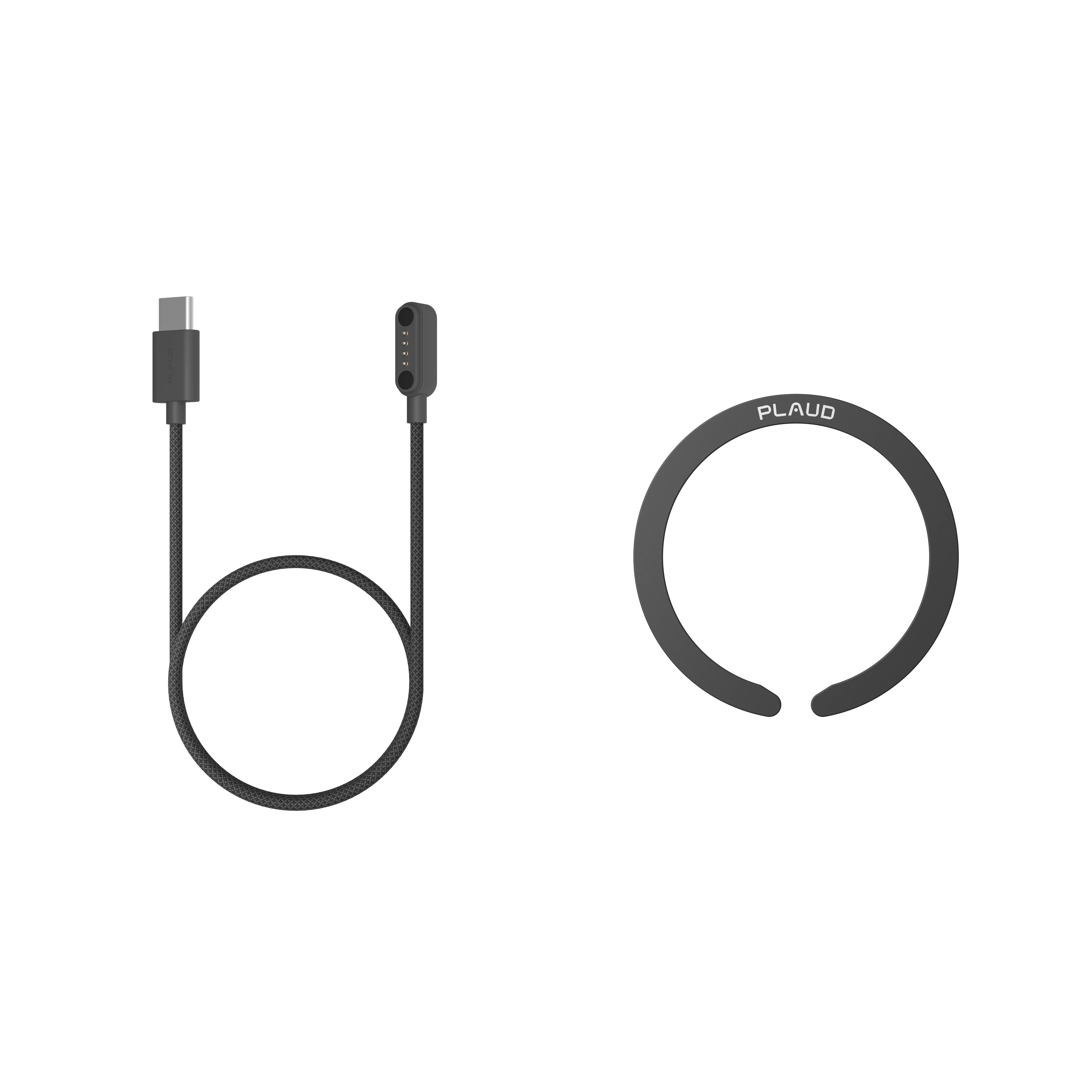Cable de carga USB-C gris oscuro y banda de cuello Plaud gris oscuro.