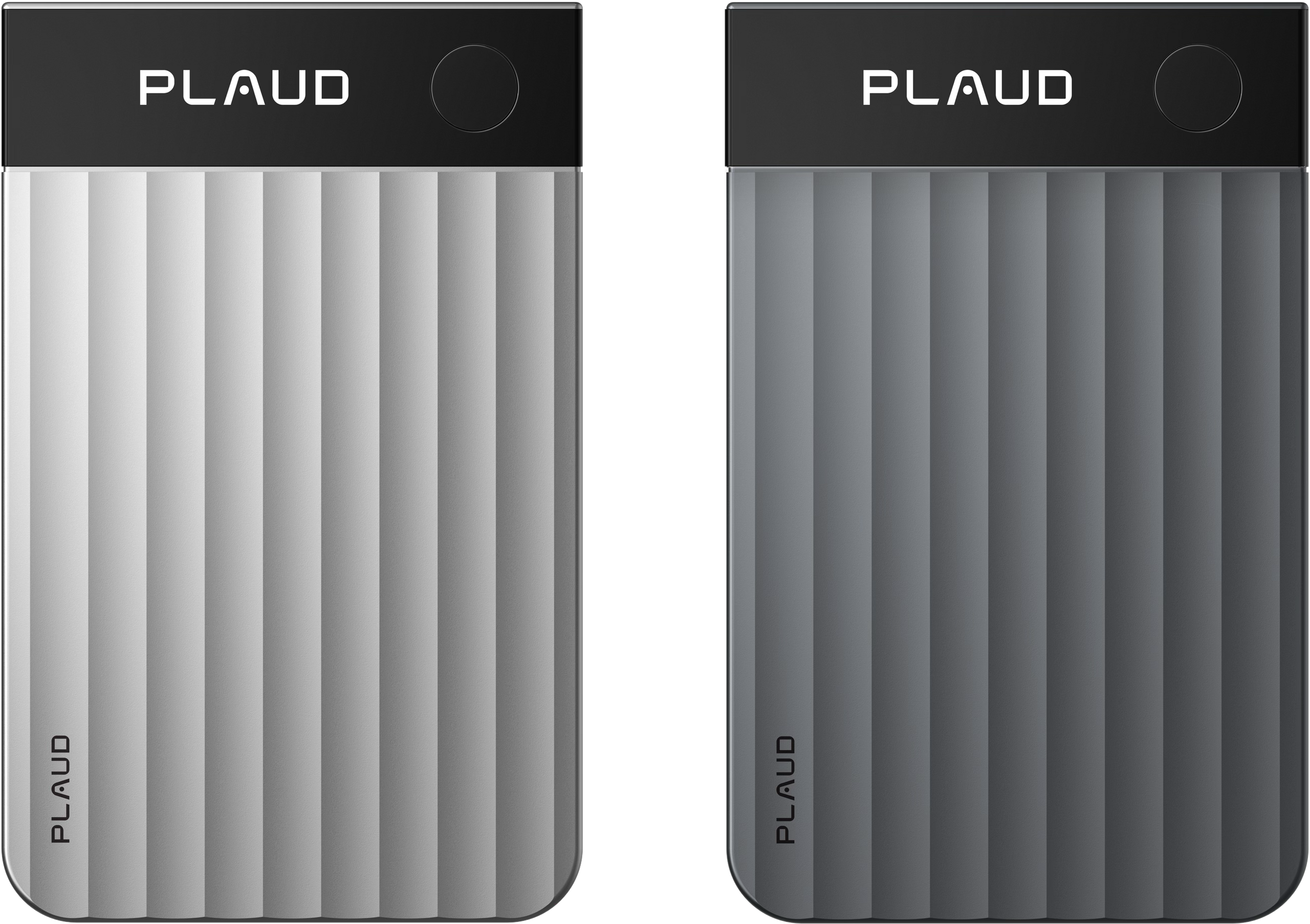 Dos Plaud Note Pro, uno en gris claro y otro en gris oscuro, mostrando su diseño acanalado y el logo Plaud.
