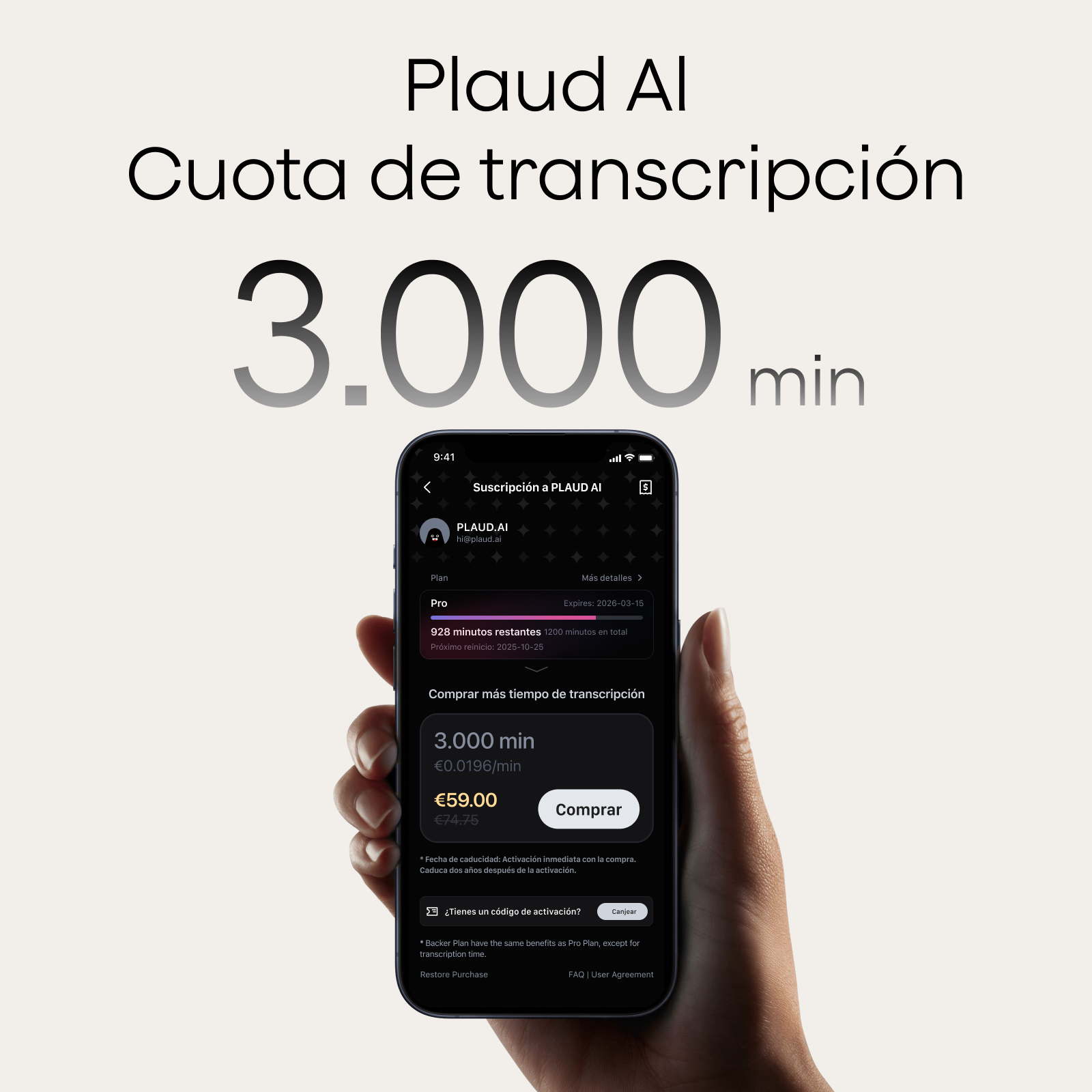 Plaud AI Suscripción Pro Anual & Cuota de Transcripción