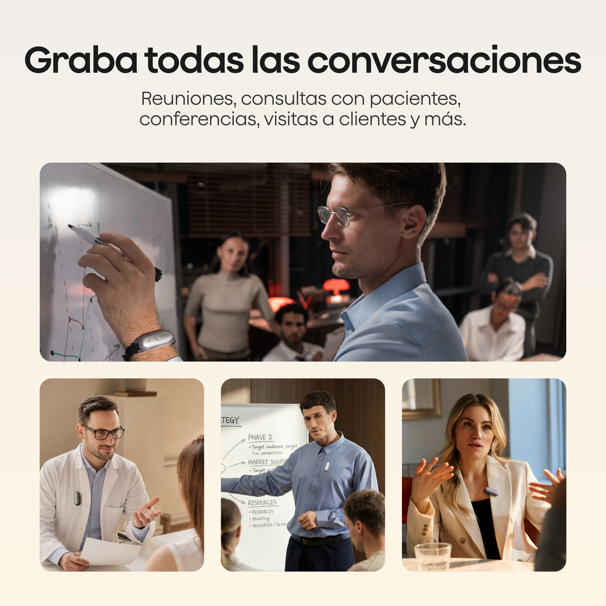 Profesionales utilizan el Plaud NotePin en la muñeca o la ropa durante reuniones y consultas para grabar todas sus conversaciones.