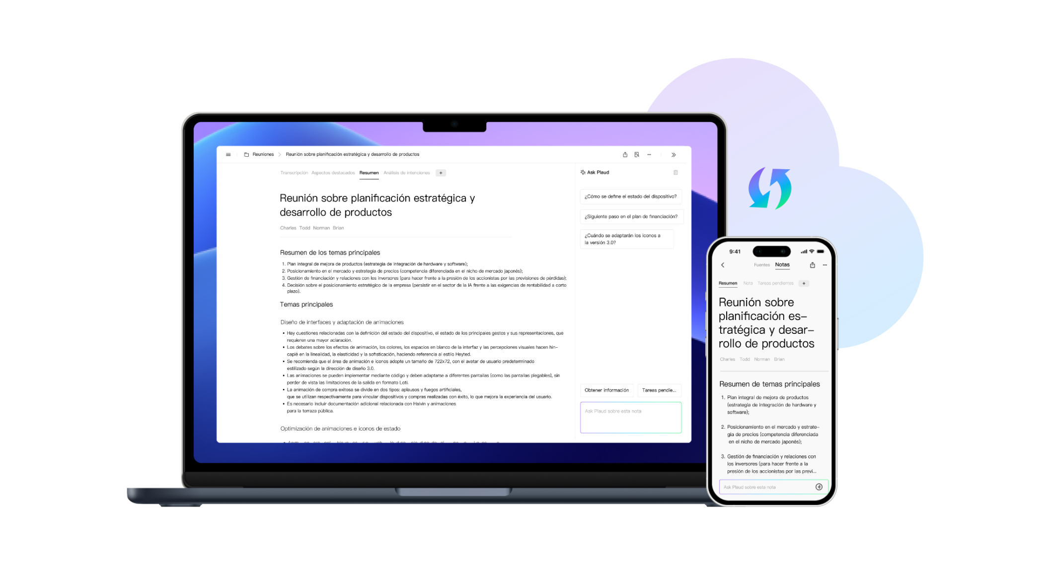 Plaud App/Web mostrando un resumen de reunión sobre planificación estratégica en un portátil y un smartphone, con sincronizac