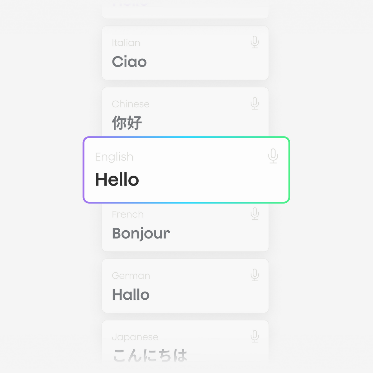 Interfaz de usuario mostrando traducción de "Hello" a varios idiomas, con inglés resaltado.