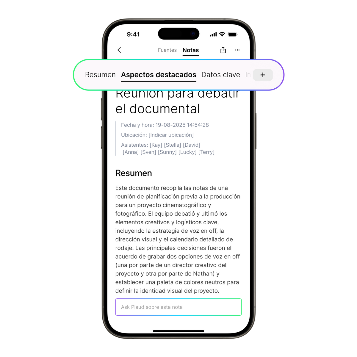 Plaud App en un smartphone mostrando la pestaña 'Aspectos destacados' de una reunión, con un resumen del documental.