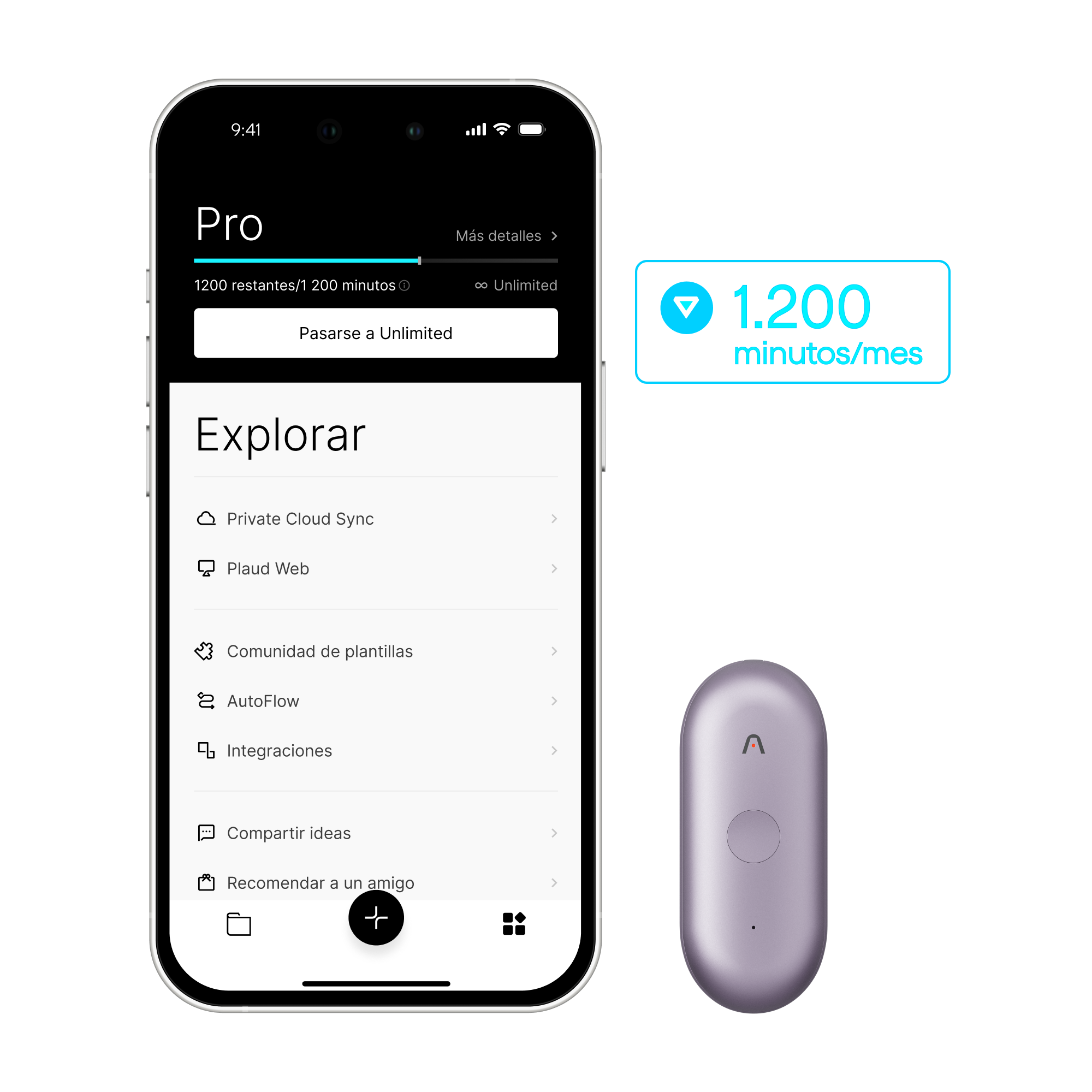 Plaud NotePin S lavanda junto a la Plaud App mostrando el plan Pro con 1200 minutos/mes y funciones.