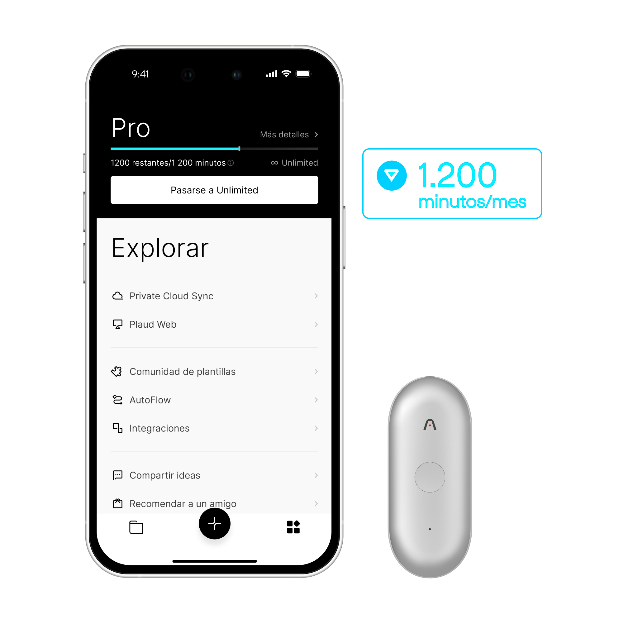 Plaud App con plan Pro mostrando 1200 minutos restantes y un Plaud NotePin S blanco. Destaca 1.200 minutos/mes.