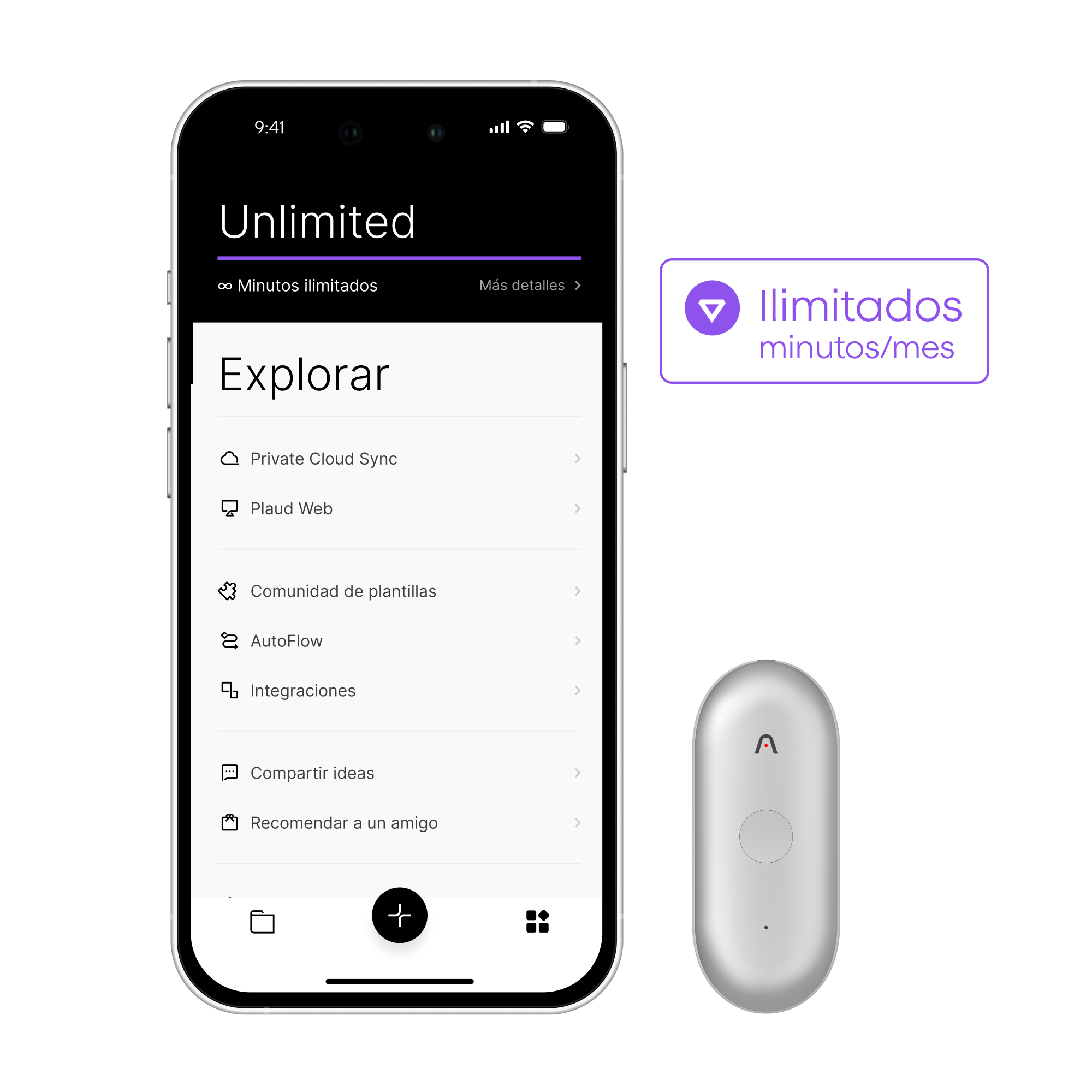 Plaud App en un teléfono con plan Unlimited (minutos ilimitados) y opciones de