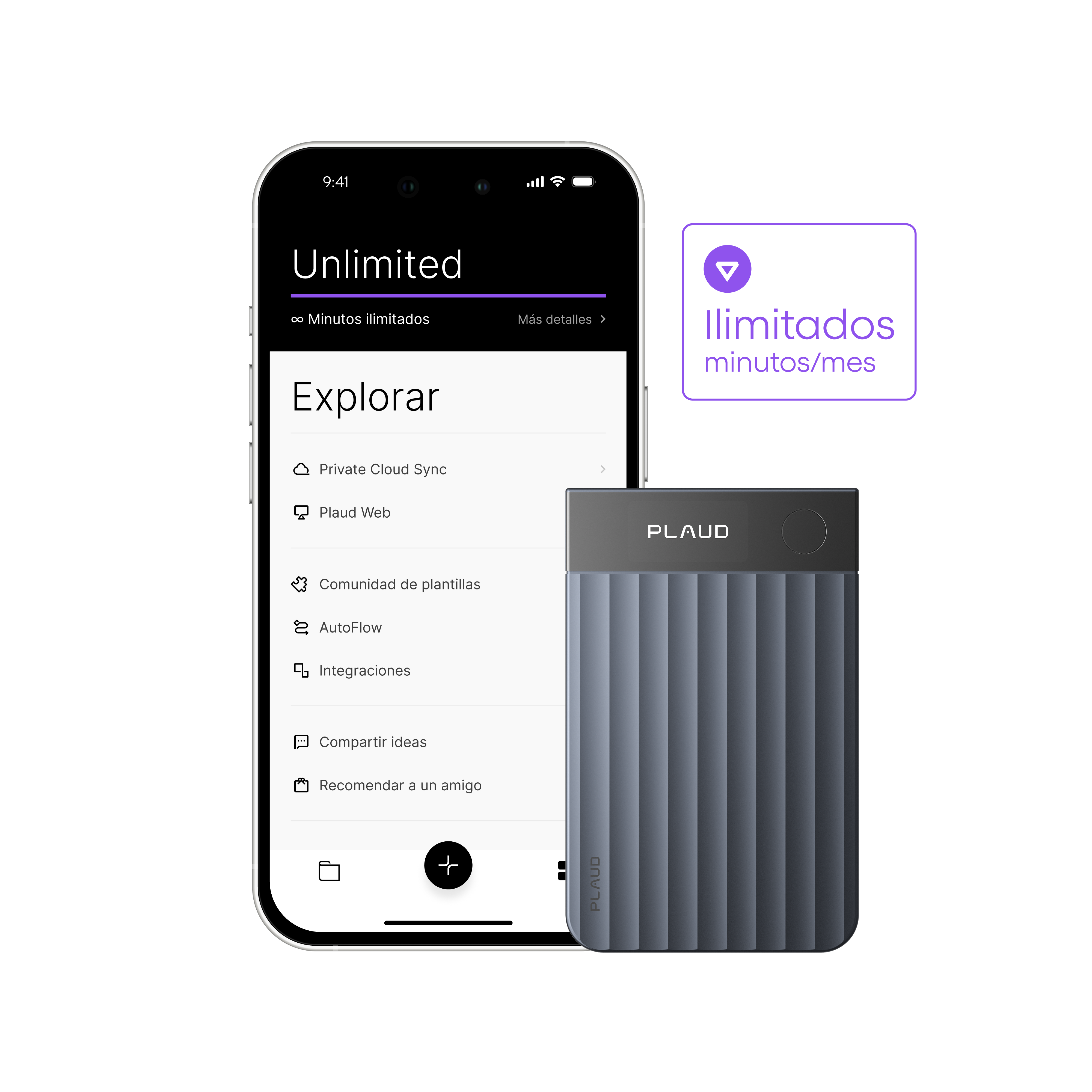 Plaud Note Pro azul grisáceo junto a la Plaud App en un smartphone, mostrando el plan Unlimited con minutos ilimitados.