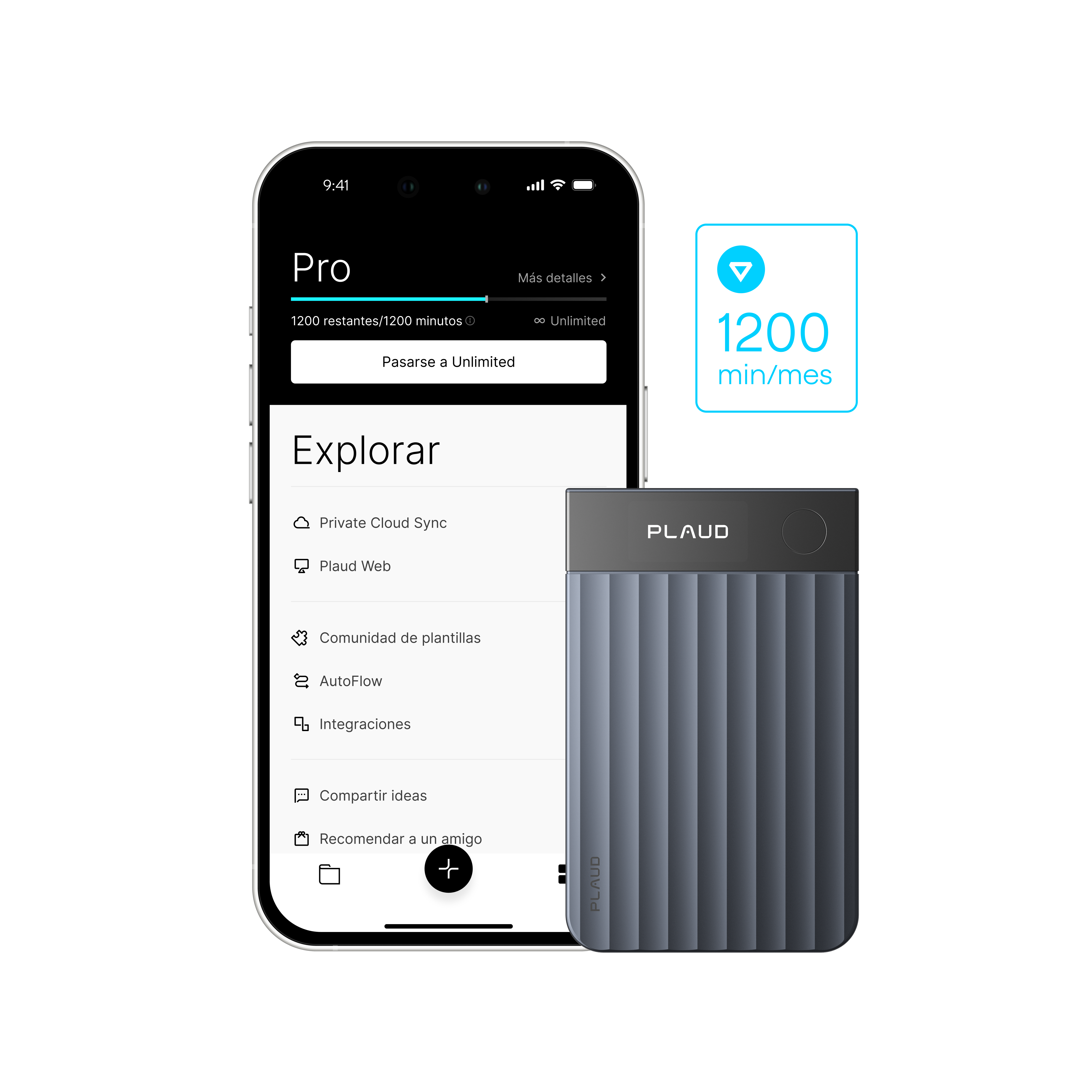 Plaud Note Pro gris oscuro y Plaud App con plan Pro (1200 min/mes) y funciones como Private Cloud Sync.