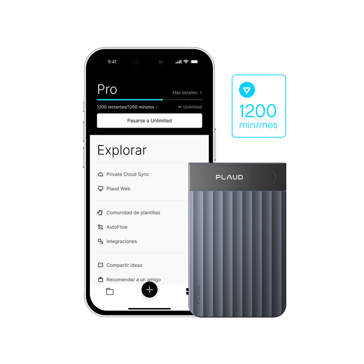 Plaud Note Pro gris oscuro y Plaud App con plan Pro (1200 min/mes) y funciones como Private Cloud Sync.