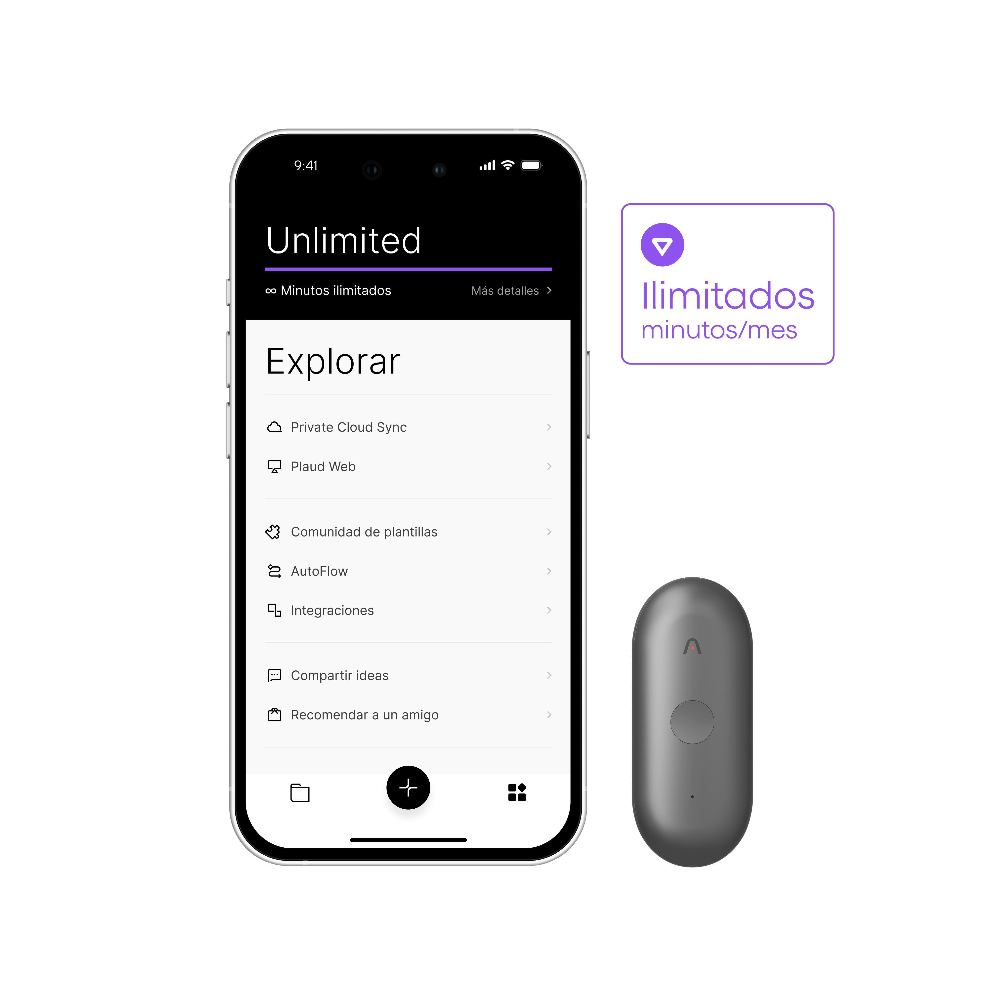Plaud App en iPhone con plan Unlimited y Plaud NotePin S gris. La app muestra opciones de gestión y sincronización.
