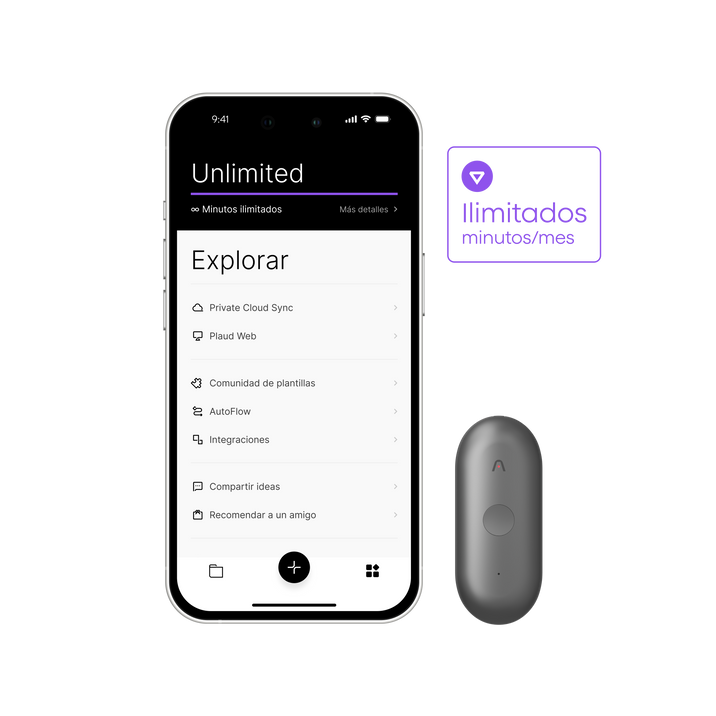 Plaud App en iPhone con plan Unlimited y Plaud NotePin S gris. La app muestra opciones de gestión y sincronización.
