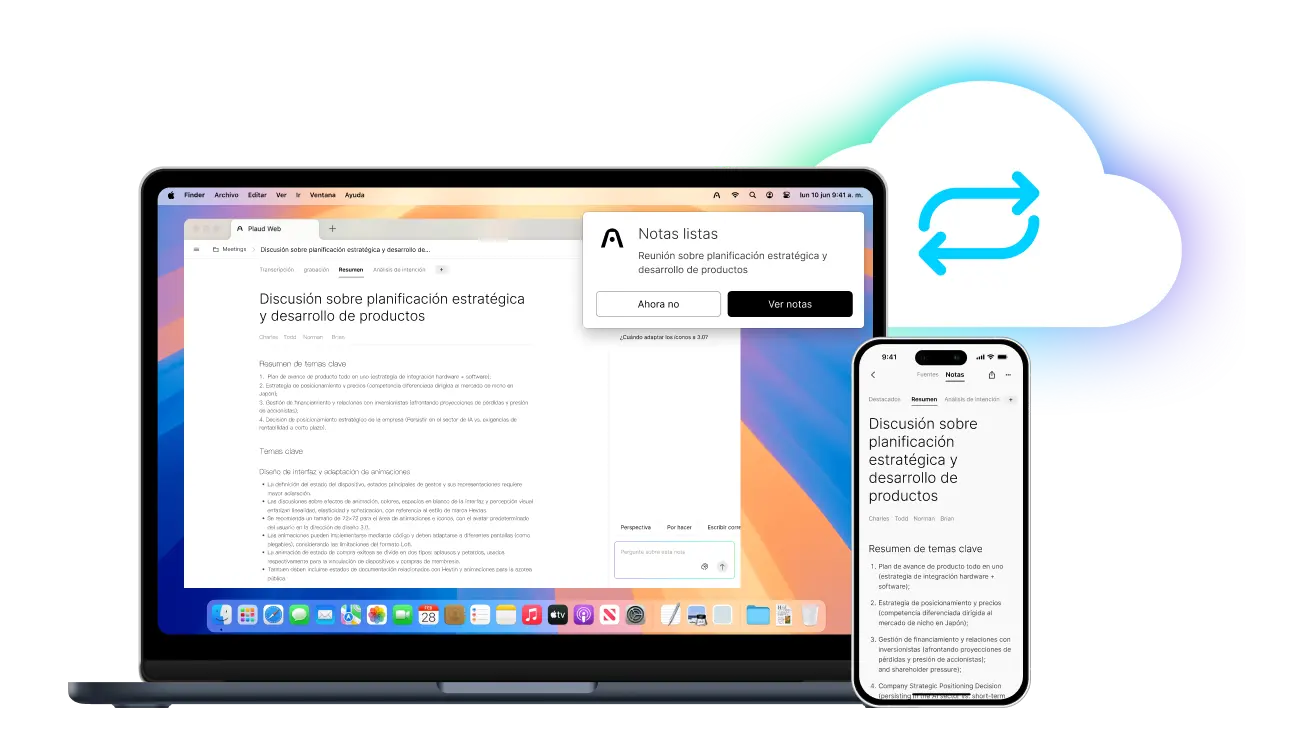 Plaud App y Plaud Web sincronizan notas de reuniones sobre planificación estratégica en laptop y smartphone.