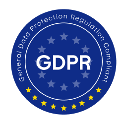 Insignia azul y blanca que indica que Plaud cumple con el Reglamento General de Protección de Datos (GDPR).