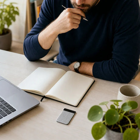 Plaud Note Pro sobre un escritorio de trabajo para profesionales que eligen su primera grabadora con IA.