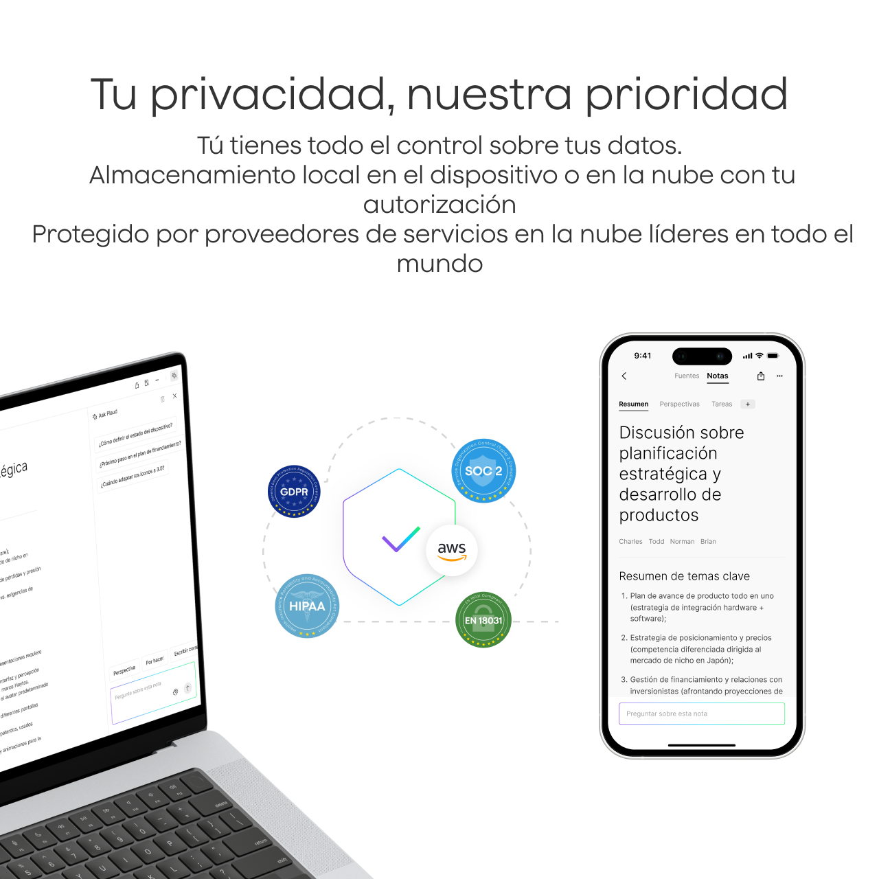 Plaud App y Web en laptop y móvil, destacando privacidad de datos, cumplimiento (RGPD, HIPAA, SOC 2) y resúmenes.