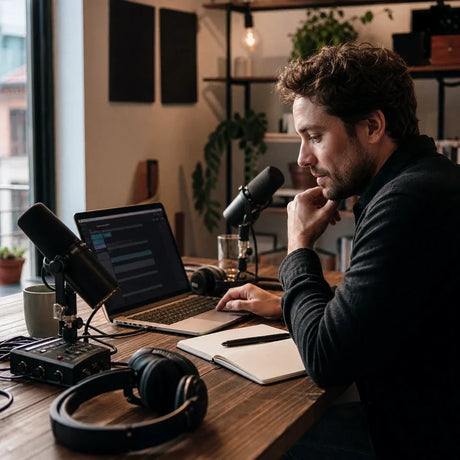 Creador de contenido revisando un flujo de grabación de podcast en un estudio compacto.
