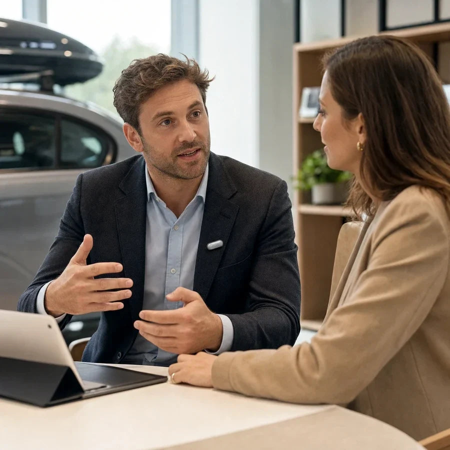 Profesional de ventas hablando con un cliente mientras lleva un Plaud NotePin S.