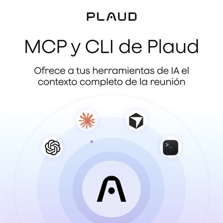 Plaud MCP y CLI con iconos de IA como ChatGPT y terminal, mostrando cómo Plaud ofrece contexto completo a herramientas de IA.