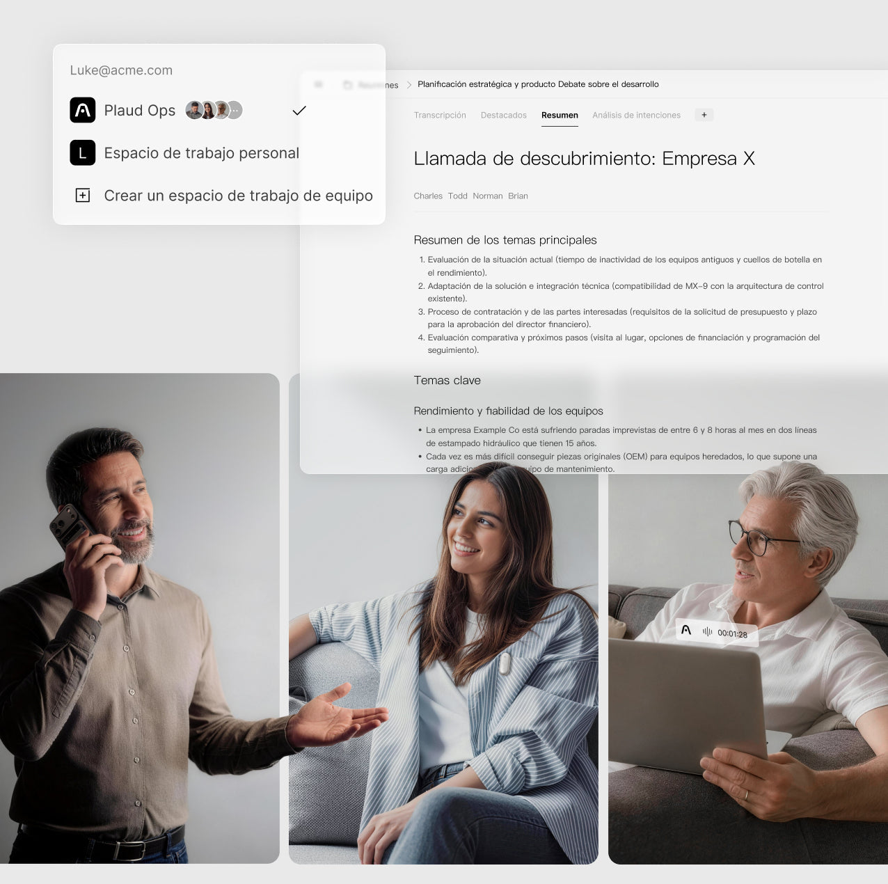 Interfaz de Plaud App con resumen de reunión y opciones de equipo, junto a tres personas colaborando.