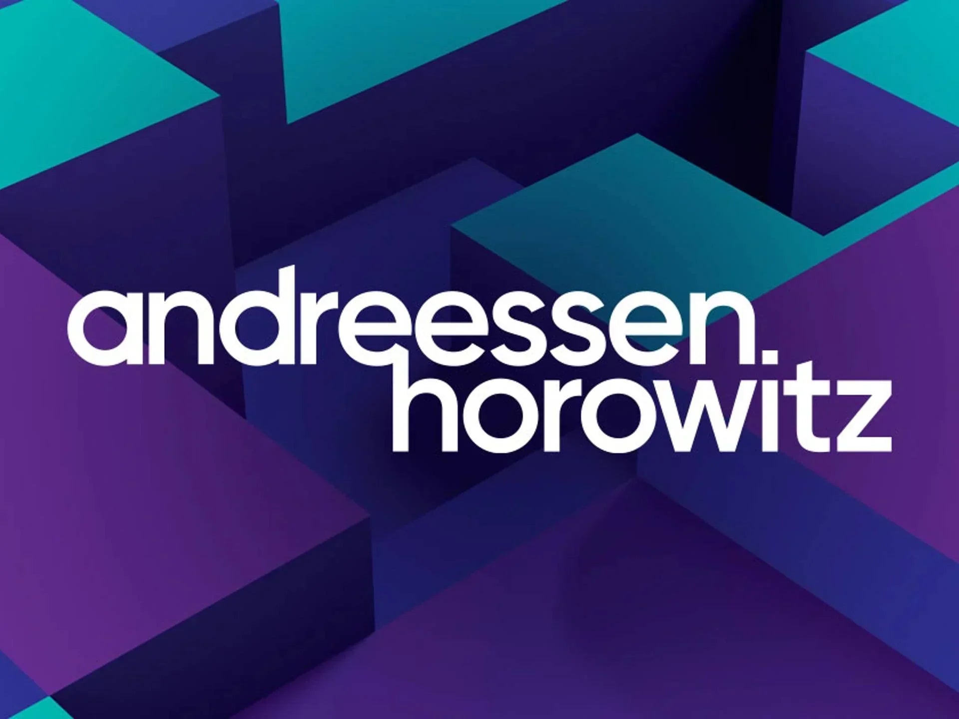 Logotipo de Andreessen Horowitz en blanco sobre un fondo abstracto de formas geométricas moradas y turquesas.