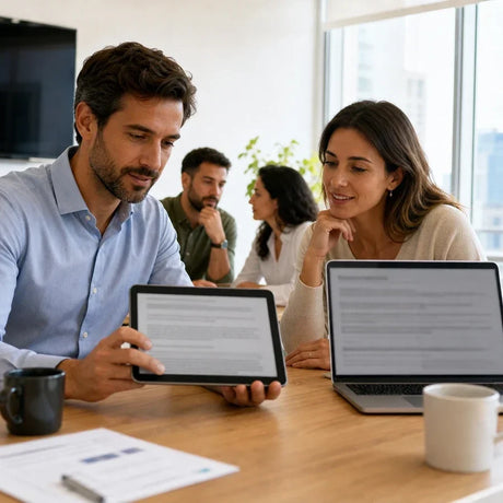 Grupo de profesionales revisando notas en tablets durante una reunión