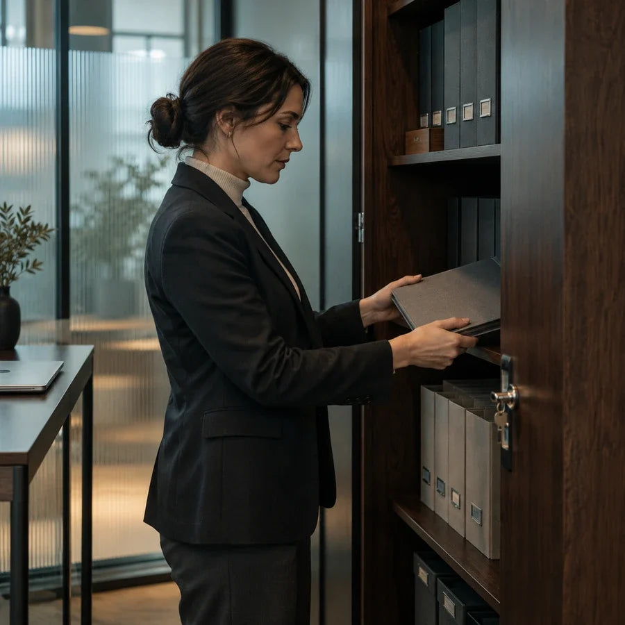 Una profesional guarda documentación confidencial en un armario de oficina.