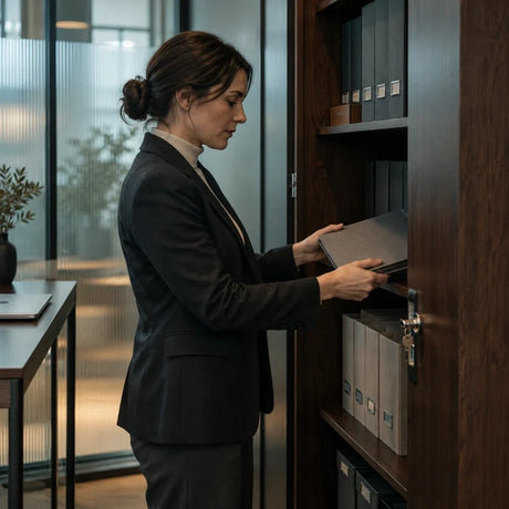 Una profesional guarda documentación confidencial en un armario de oficina.