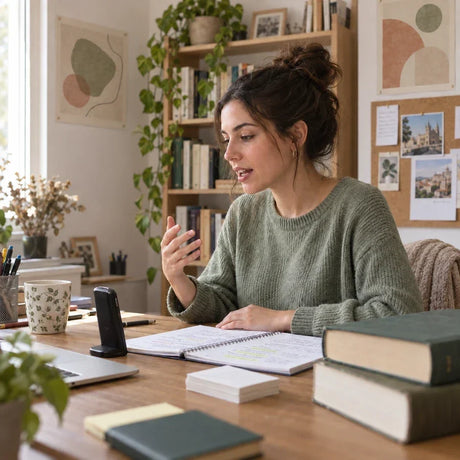 Opositora practica un repaso oral en su escritorio de casa