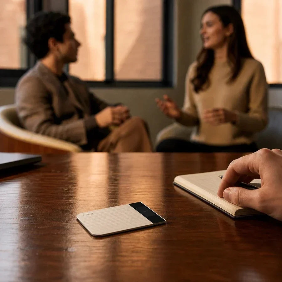Plaud Note Pro sobre una mesa de madera, con una libreta y dos personas conversando al fondo