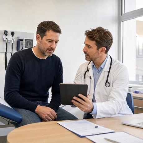 Médico mostrando información en una tablet a un paciente