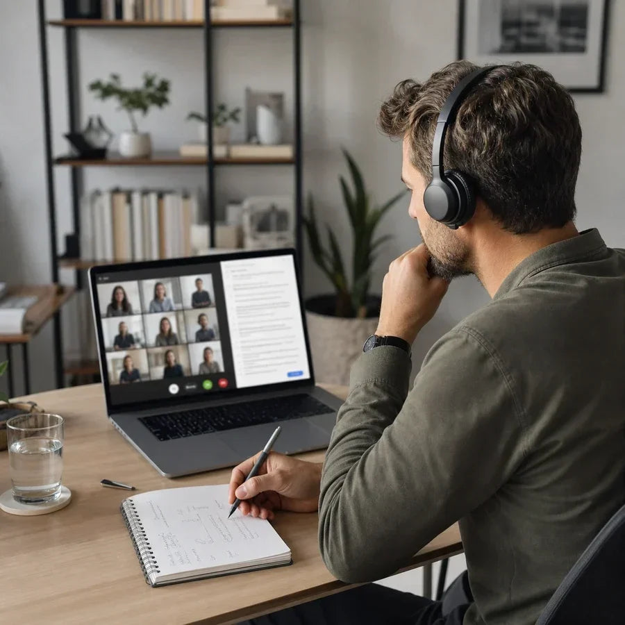 Hombre con auriculares en una videollamada mientras toma notas
