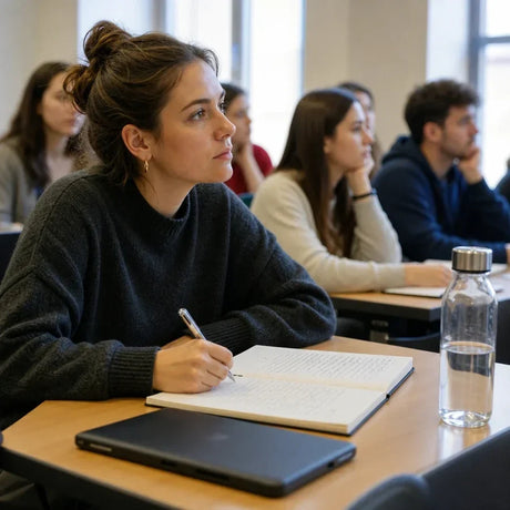 Mujer tomando notas a mano en clase mientras otros estudiantes escuchan