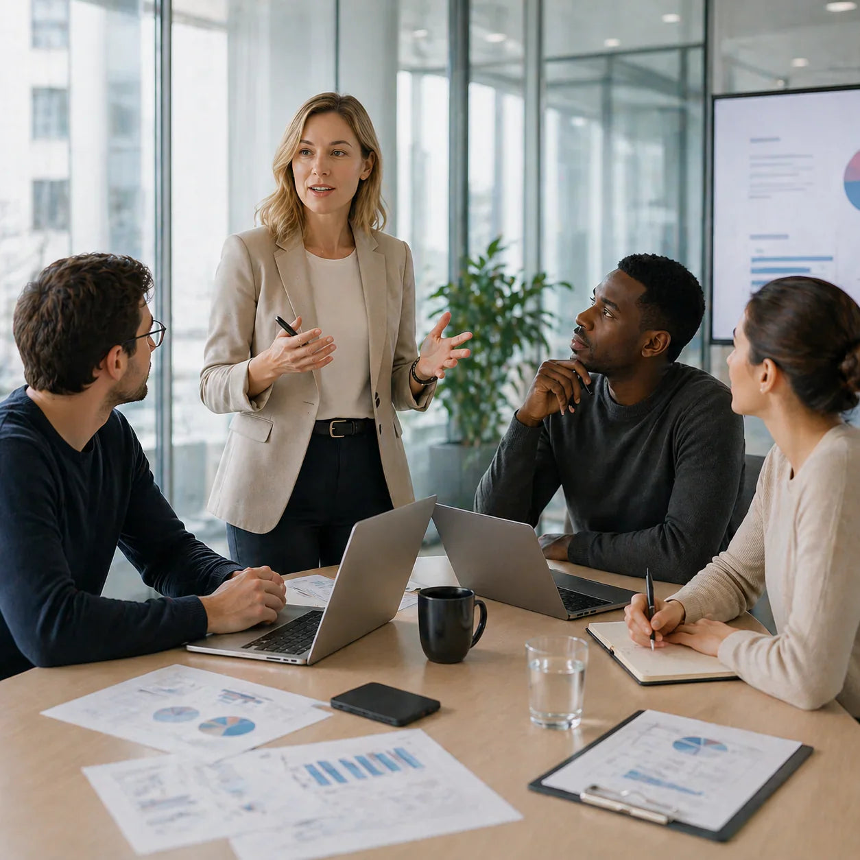 Equipo internacional en una reunión de trabajo con portátiles y gráficos, ideal para usar una grabadora de voz con IA para Microsoft Teams