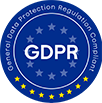Insignia azul de cumplimiento GDPR con estrellas de la UE.