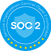 Insignia azul de cumplimiento SOC 2, que indica seguridad y protección de datos.