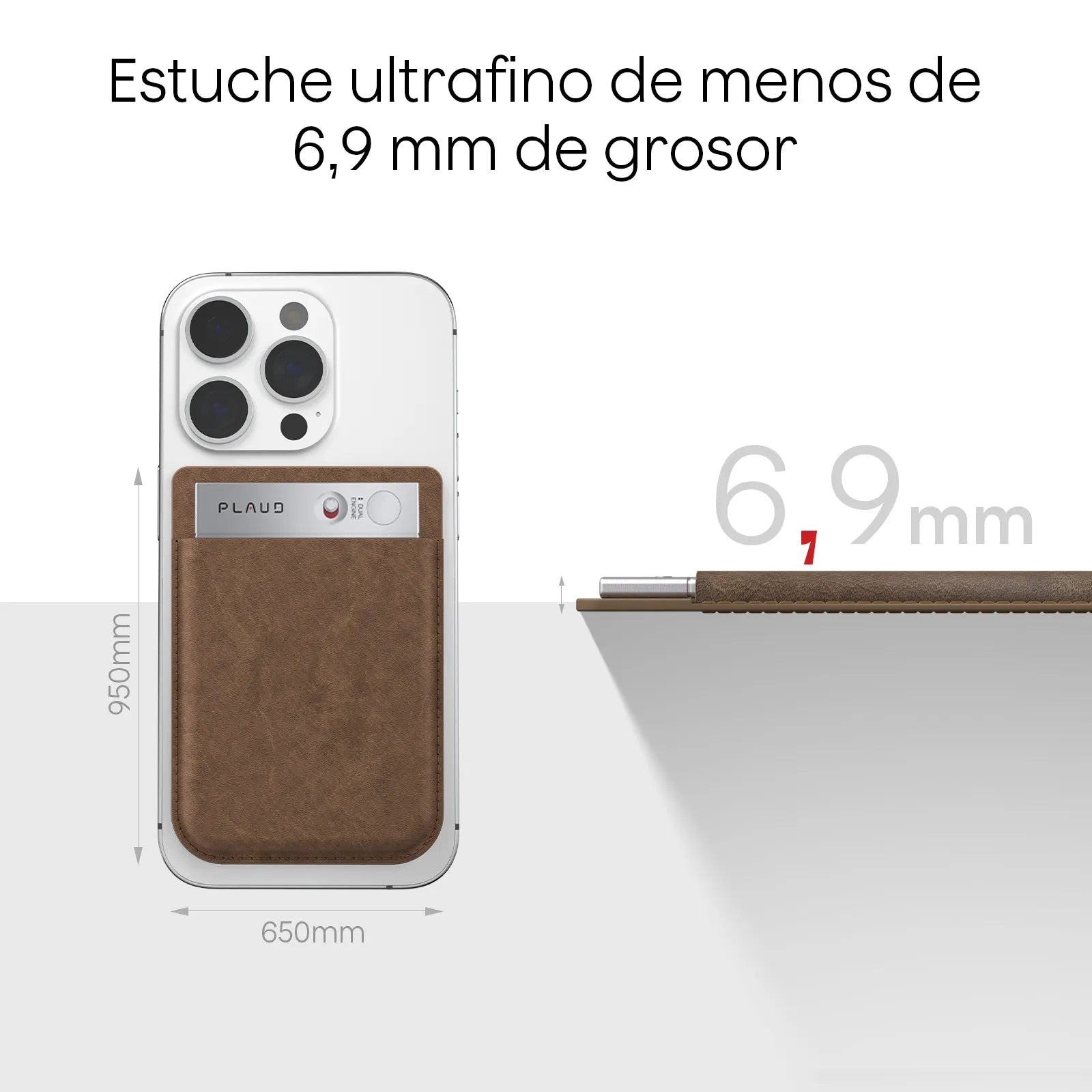 Plaud Note marrón de menos de 6,9 mm de grosor, acoplado a un teléfono, destacando su diseño ultrafino.