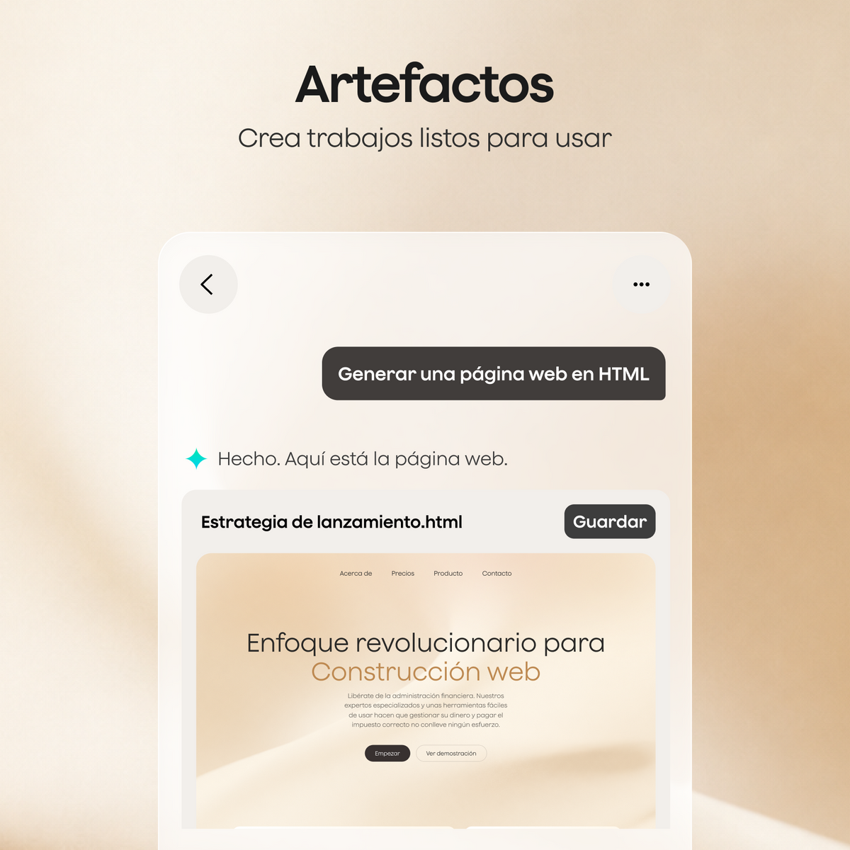 La interfaz de Plaud muestra la función Artefactos generando automáticamente una página web en HTML lista para usar.
