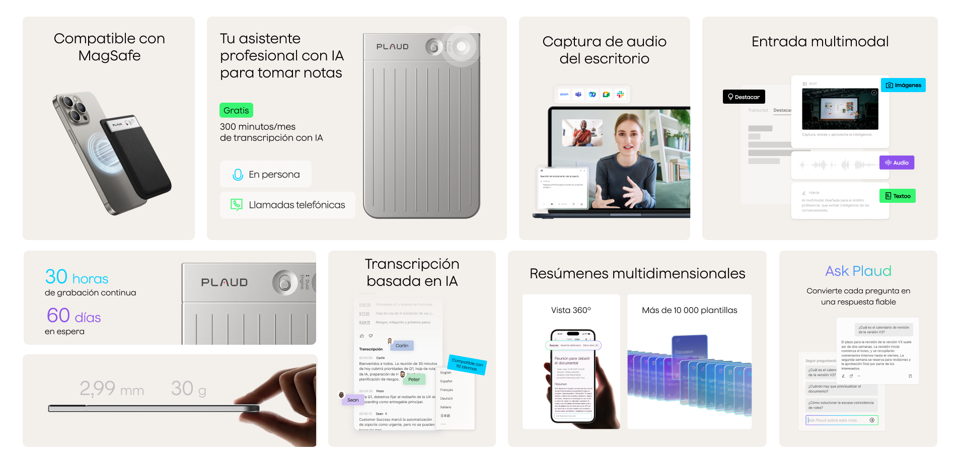Características del Plaud AI note taker: MagSafe, transcripción IA, captura de audio, resúmenes, batería y diseño delgado.