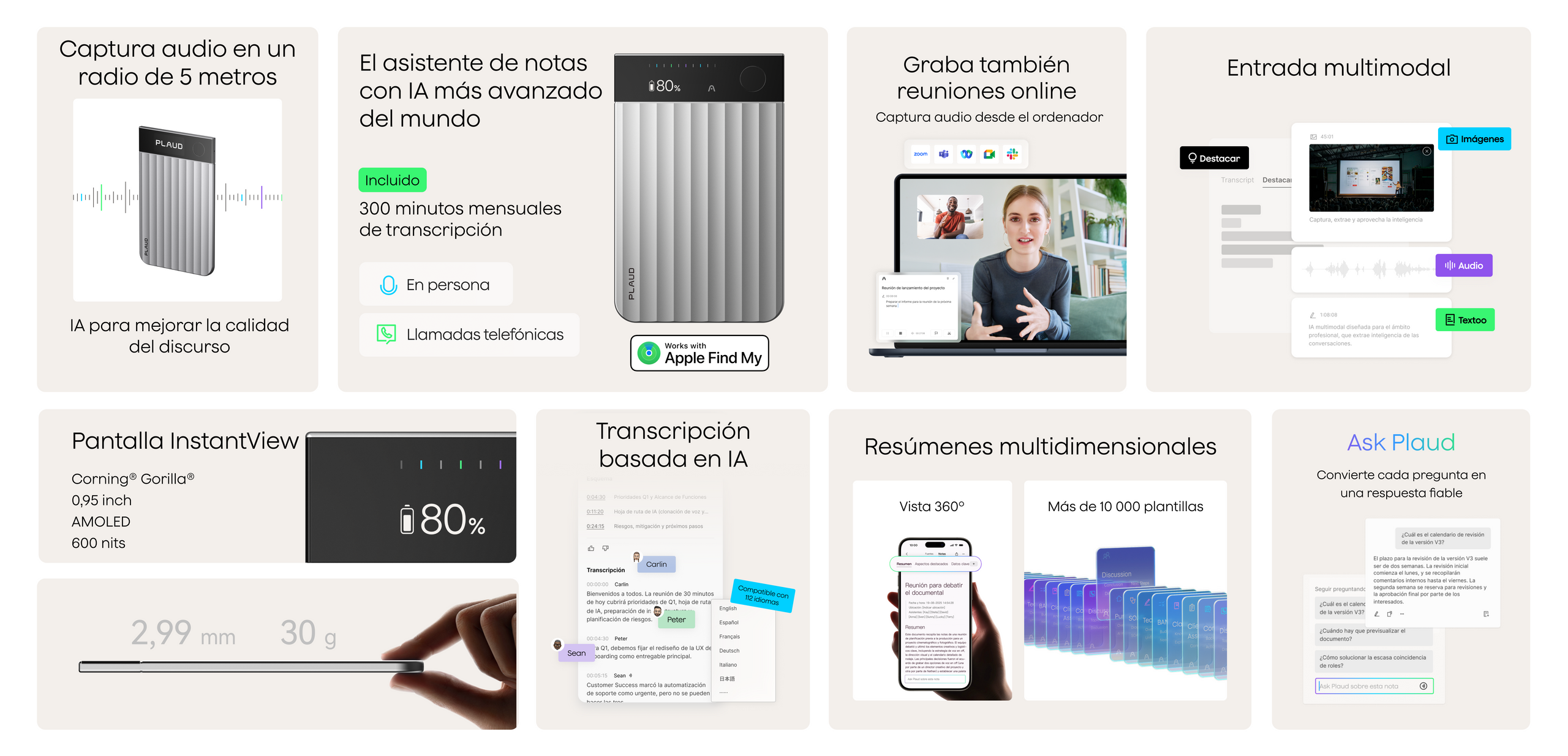 Plaud Note Pro plateado y sus funciones avanzadas: captura de audio, transcripción IA, pantalla InstantView, resúmenes y Ask