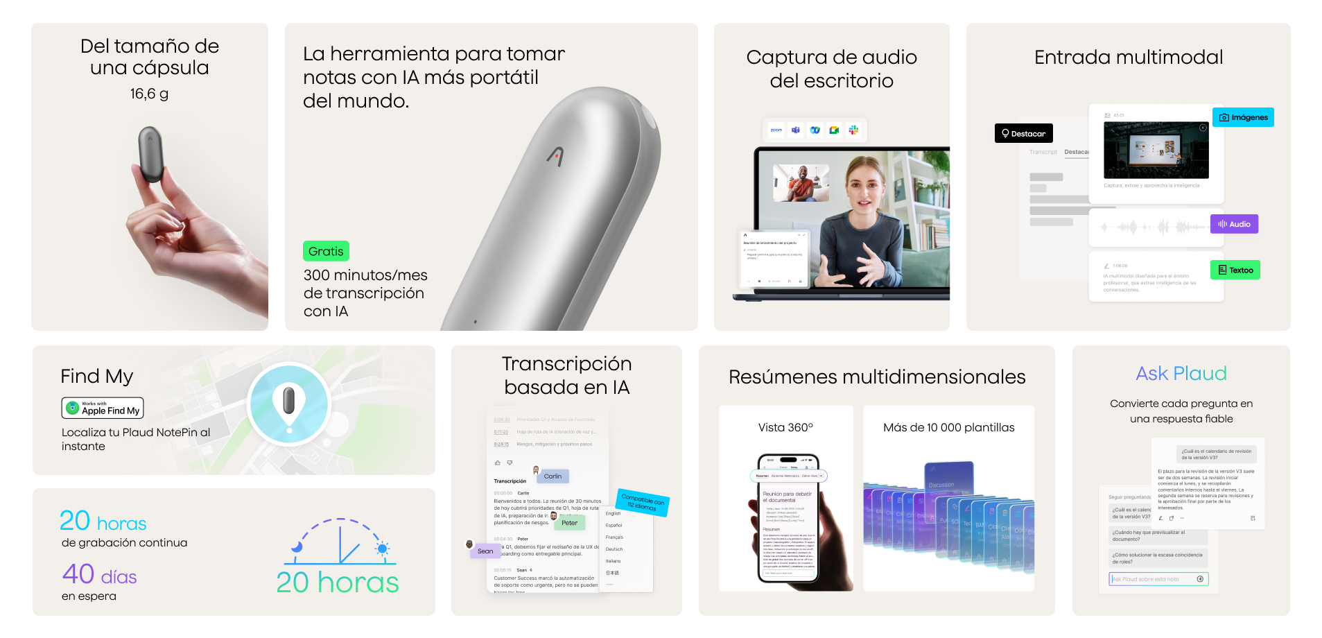 Plaud NotePin plateado: sus características clave incluyen transcripción IA, Find My, 20h grabación y resúmenes inteligentes.