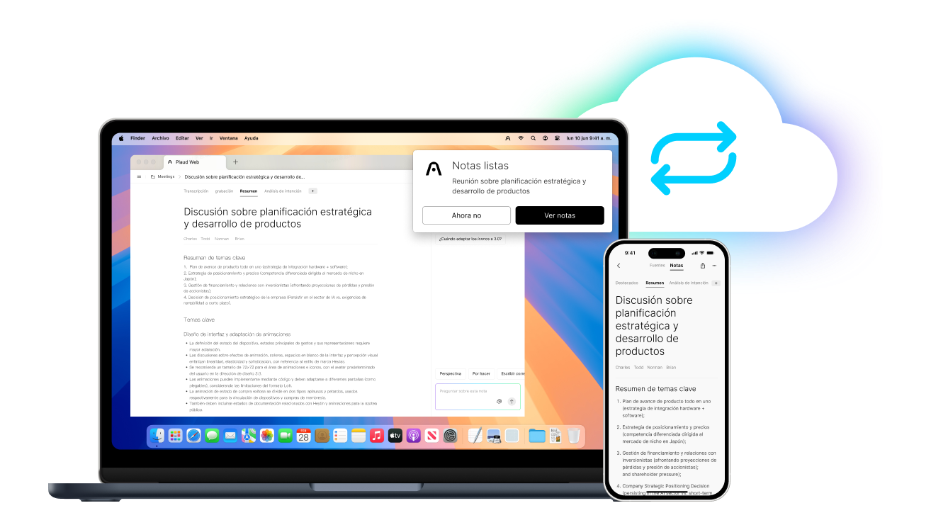 Plaud App en portátil y móvil mostrando resumen de reunión sincronizado vía nube.